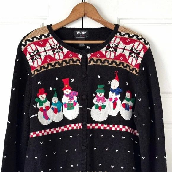 Vintage Embroidered Christmas Cardigan Sweater Womens Large Snowmen Fair Isle - Picture 4 of 12